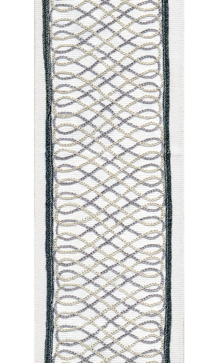 Geometric Lattice Cotton Canvas Trim | 4 Inch (10.16cm) | Wide Embroidered Border | 5 Colours | By The Metre Ivory Silver