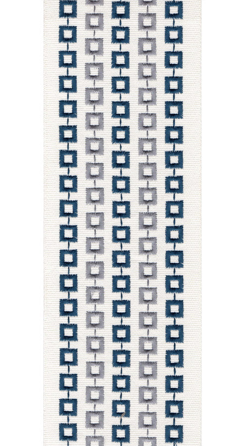 Embroidered Geometric Trim Border | 10cm Wide Cotton Canvas Trimming | Sold By The Metre Ivory Blue Grey