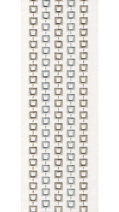 Embroidered Geometric Trim Border | 10cm Wide Cotton Canvas Trimming | Sold By The Metre Ivory Taupe Grey