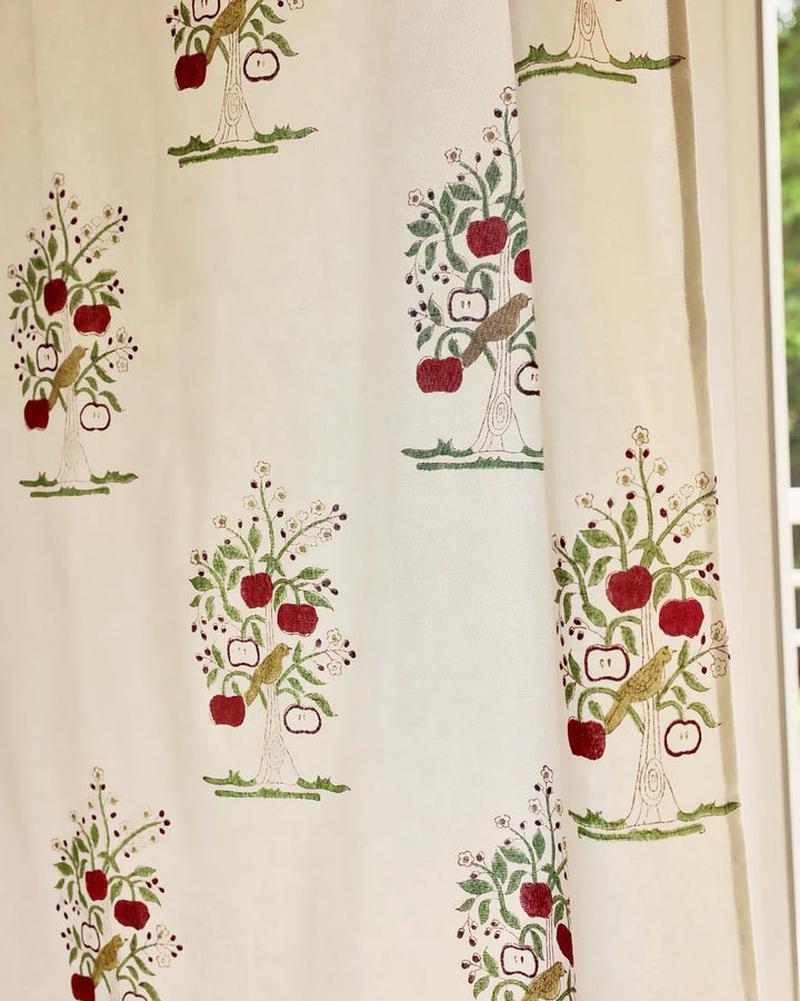 Cream & Red Hand Block Printed Linen Curtains | Apple Tree Design