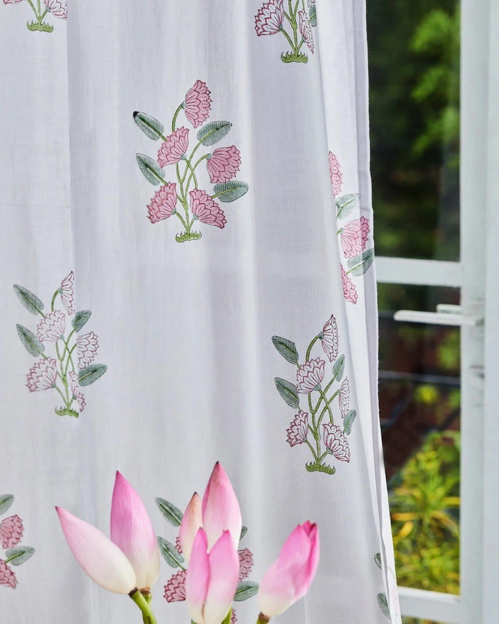 Light Grey & Pink Hand Block Printed Linen Curtains | Lotus Flower Design