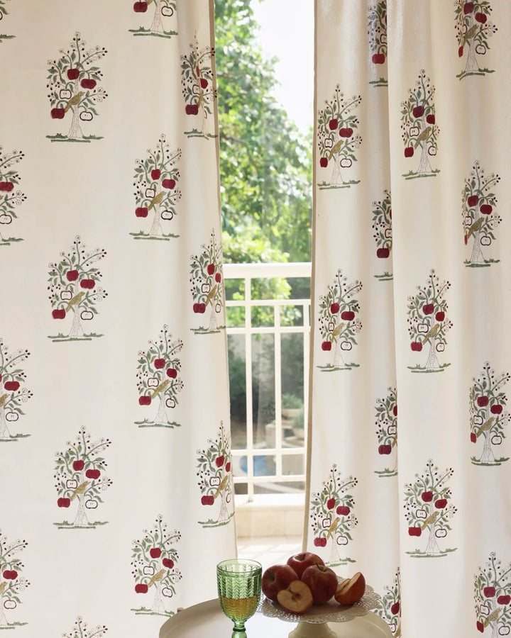 Cream & Red Hand Block Printed Linen Curtains | Apple Tree Design