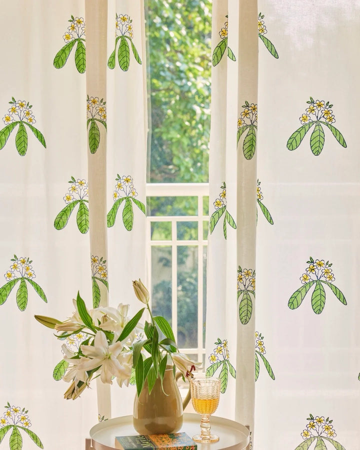 White & Green Hand Block Printed Linen Curtains | Frangipani Design
