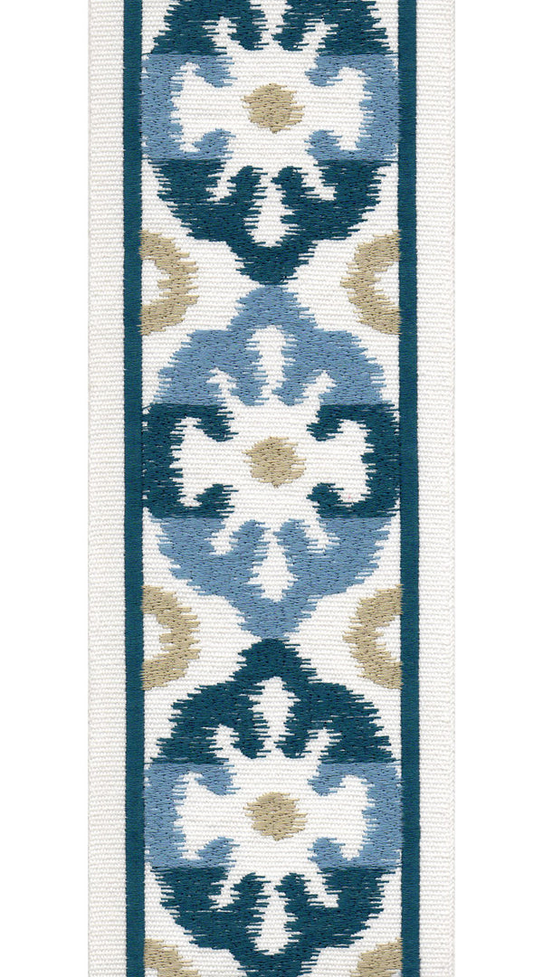 Ikat Medallion Cotton Canvas Trim | 4 Inch (10.16cm) | Wide Border | 2 Colours | By The Metre Ivory Blue