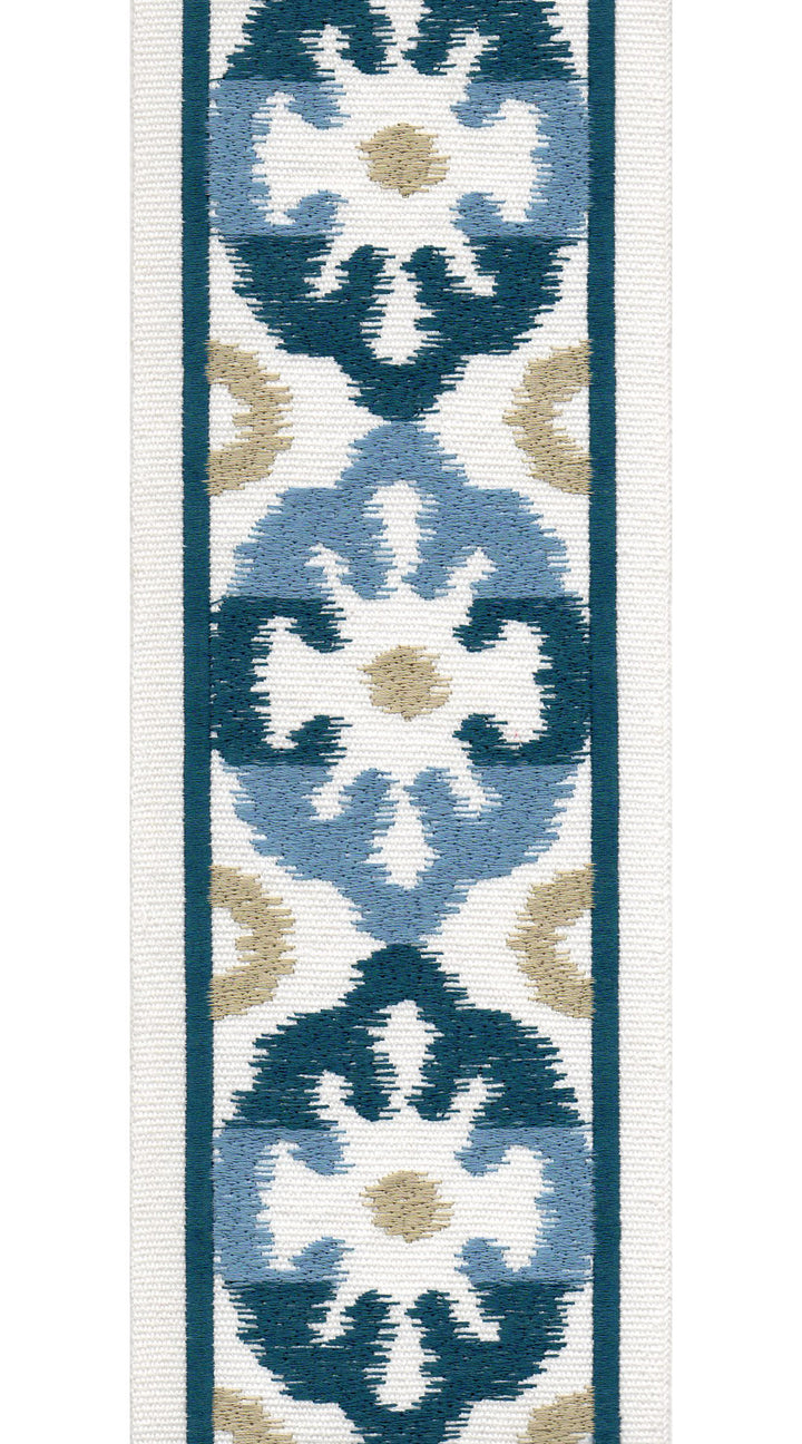 Ikat Medallion Cotton Canvas Trim | 4 Inch (10.16cm) | Wide Border | 2 Colours | By The Metre Ivory Blue