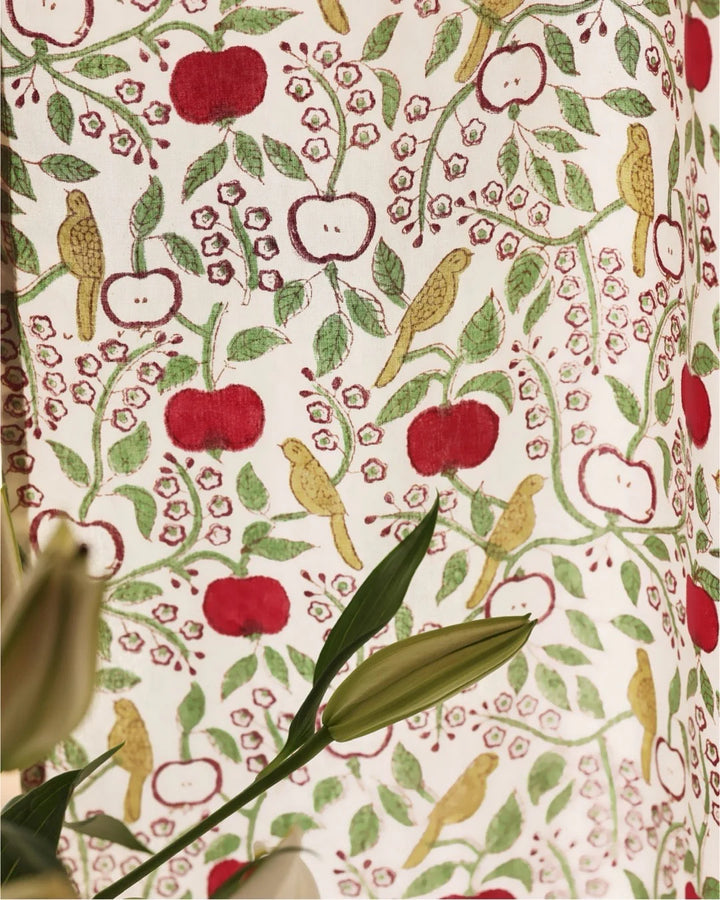 White & Red Hand Block Printed Linen Curtains | Apple & Bird Design