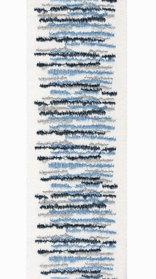 Embroidered Linear Striped Trim | 10cm Wide Cotton Canvas Trimming | Sold By The Metre Blue and Grey