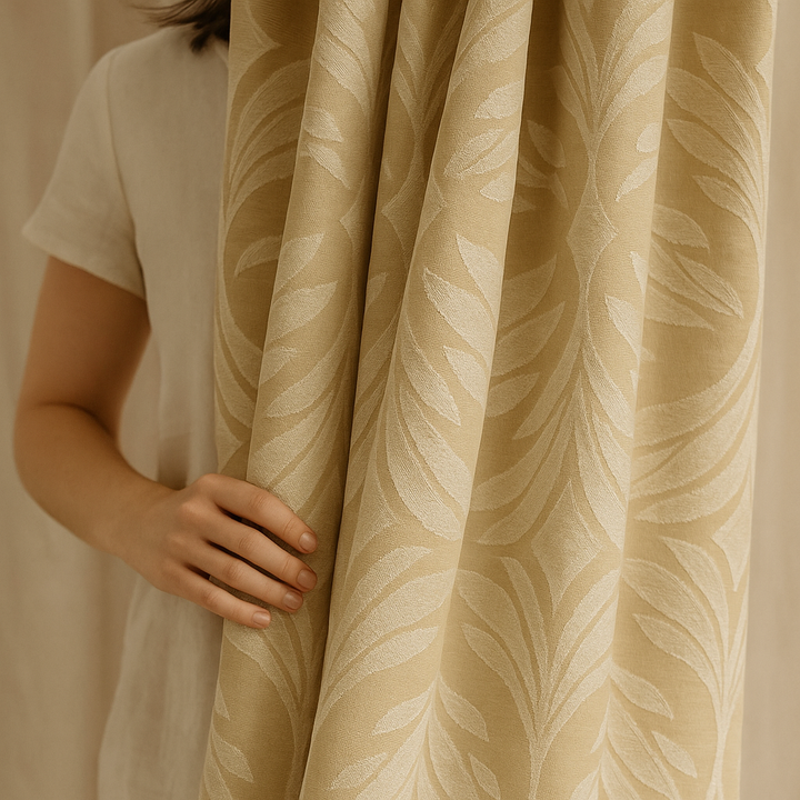 Luxury Cotton-Linen Jacquard Leaf-Pattern Curtains – Custom Sizes, Blackout or Light-Filtering