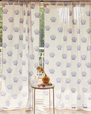 Organic Cotton Seashell Curtains | Hand Block Printed | White and Blue