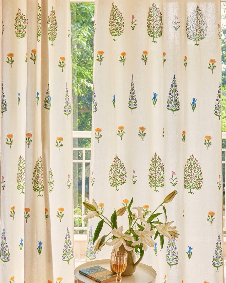 Hand Block Printed Linen Curtains | Tree & Floral Motif | Light Filtering Opaque For Privacy