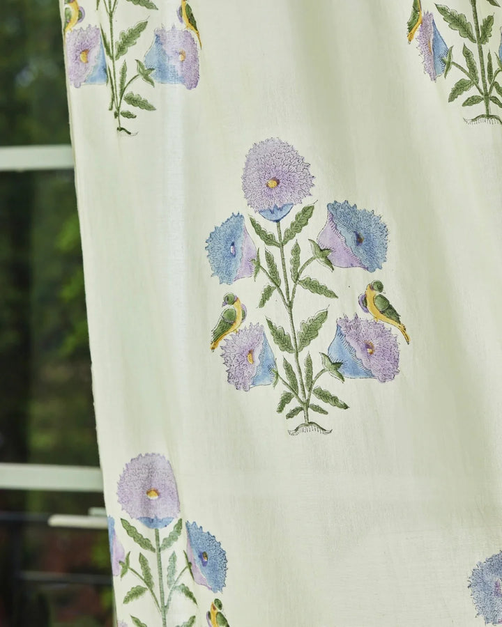 White & Purple Hand Block Printed Linen Curtains | Floral & Bird Design