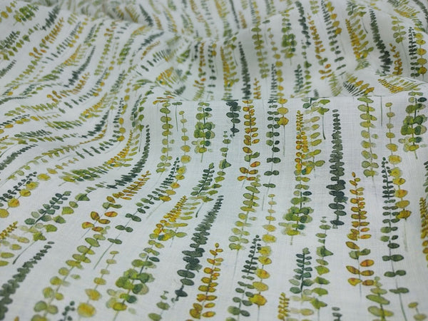 Organic Hemp Fabric - Leaf Print | Green & Yellow | 145gsm | Soft & Breathable