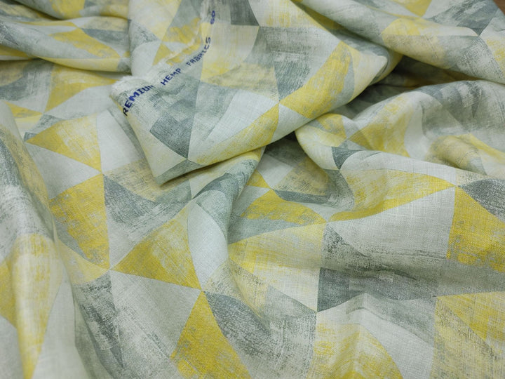 Geometric Print Hemp Fabric | Yellow & Grey | Organic | 145gsm | 147cm Wide