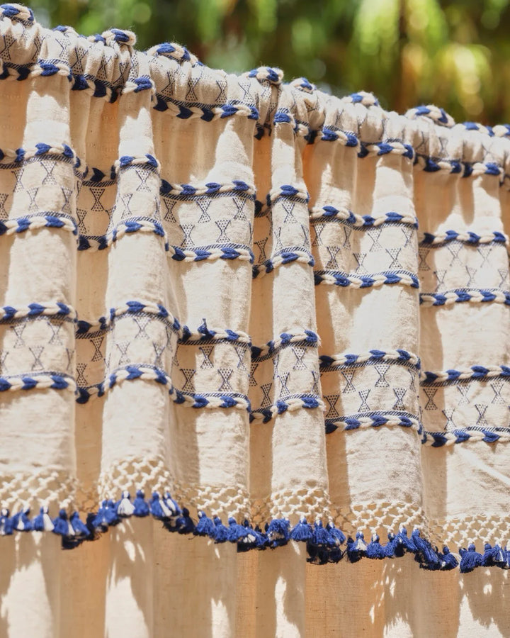 Natural Linen Curtains with Blue Tassels | Rod Pocket