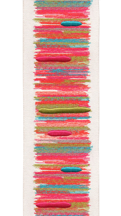 Embroidered Trim with Abstract Stripes | 10cm Cotton Canvas Trimming | Sold By The Metre Ivory Red