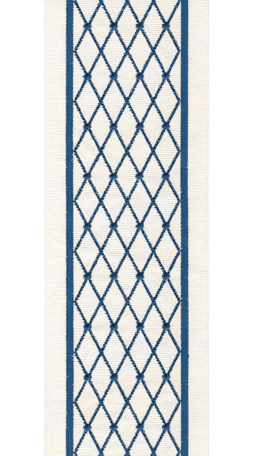 Embroidered Lattice Trim | 10cm Wide Cotton Canvas Border Lace | Curtain, Cushion & Craft Trimming by the Metre Ivory - Navy