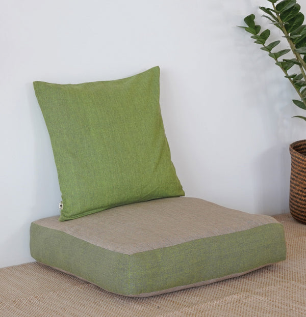 Large Floor Cushion (20x20") for Lounging & Meditation - Grey with Green Piping - 100% Cotton - Eco-Friendly