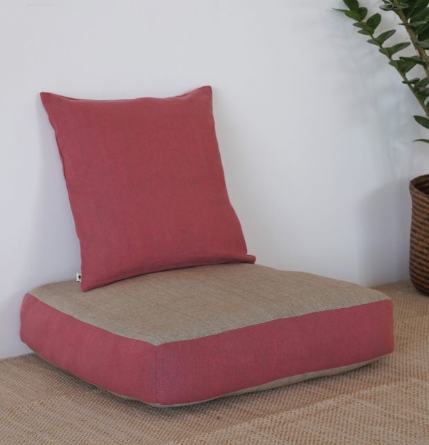 Large Floor Cushion (20x20") for Lounging & Meditation - Grey with Mauve Piping - 100% Cotton - Eco-Friendly