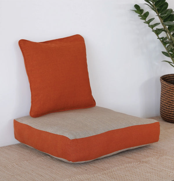 Large Floor Cushion (20x20") for Lounging & Meditation - Grey with Burnt Orange Piping - 100% Cotton - Eco-Friendly