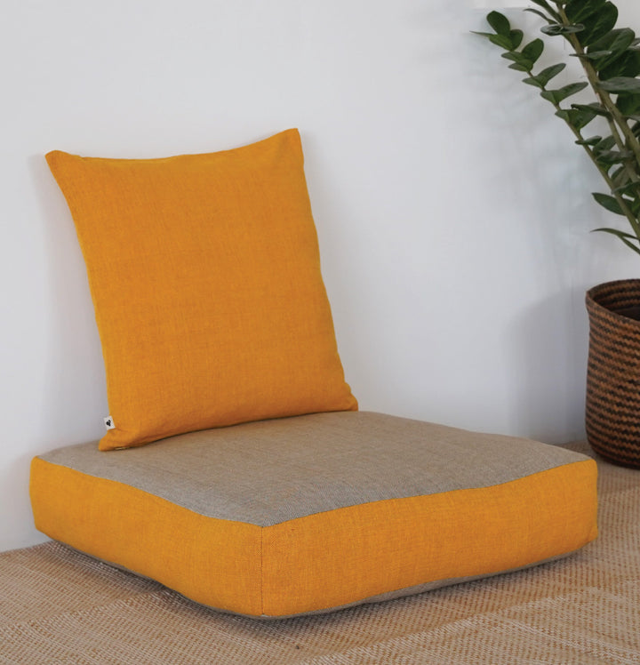 Large Floor Cushion (20x20") for Lounging & Meditation - Grey with Mustard Yellow Piping - 100% Cotton - Eco-Friendly