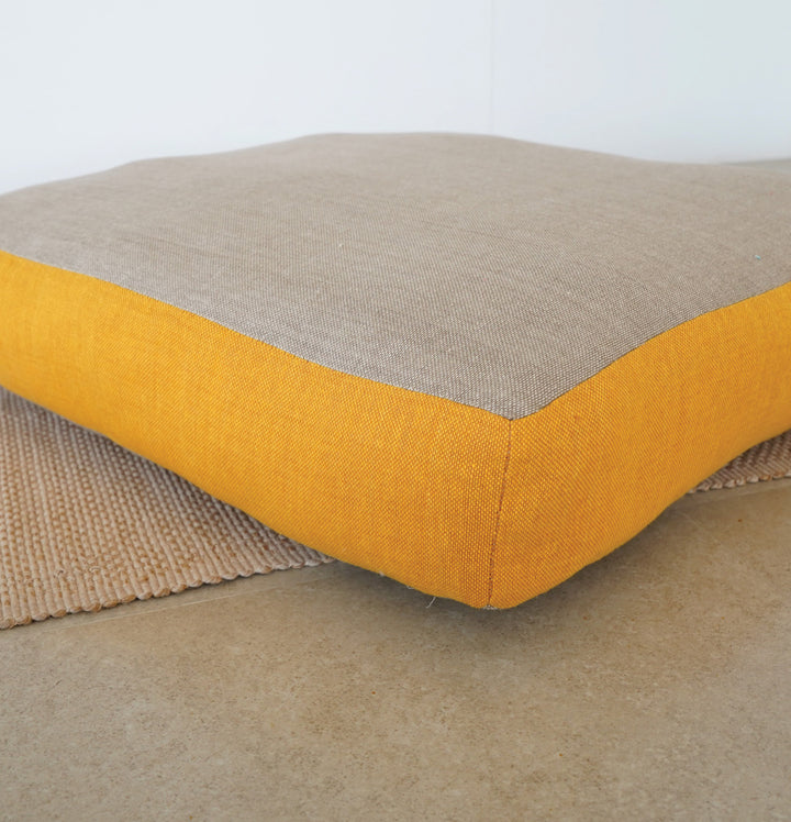 Large Floor Cushion (20x20") for Lounging & Meditation - Grey with Mustard Yellow Piping - 100% Cotton - Eco-Friendly