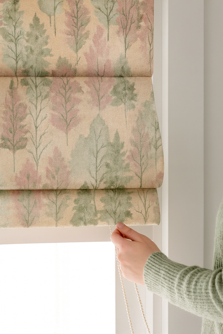 Custom Watercolour Forest Linen Roman Blinds – Made-to-Measure, OEKO-TEX 100, Blackout or Light-Filtering, Ships Worldwide