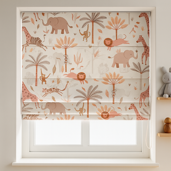 Pure Linen Jungle Animal Safari Roman Blinds for Kids & Nursery – custom corded, light-filter or 100 % blackout