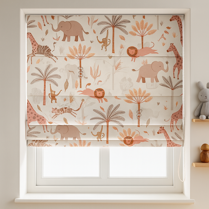 Pure Linen Jungle Animal Safari Roman Blinds for Kids & Nursery – custom corded, light-filter or 100 % blackout
