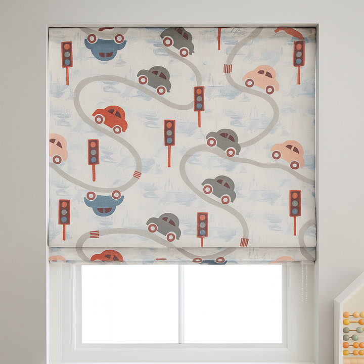 Pure Linen Kids Roman Blind – Traffic Cars Pattern | Made-to-Measure Corded | Blackout & Light-Filtering | Nursery & Children’s Room