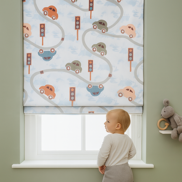 Pure Linen Kids Roman Blind – Traffic Cars Pattern | Made-to-Measure Corded | Blackout & Light-Filtering | Nursery & Children’s Room