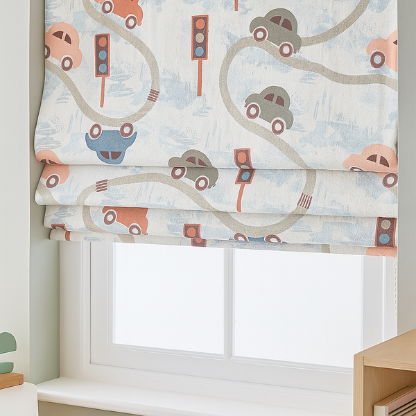 Pure Linen Kids Roman Blind – Traffic Cars Pattern | Made-to-Measure Corded | Blackout & Light-Filtering | Nursery & Children’s Room