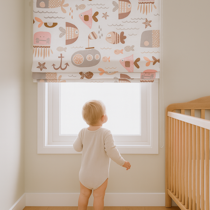 Pure Linen Ocean Adventure Sea Animals & Submarine Kids Roman Blind | Custom Sizes | Blackout or Light-Filtering