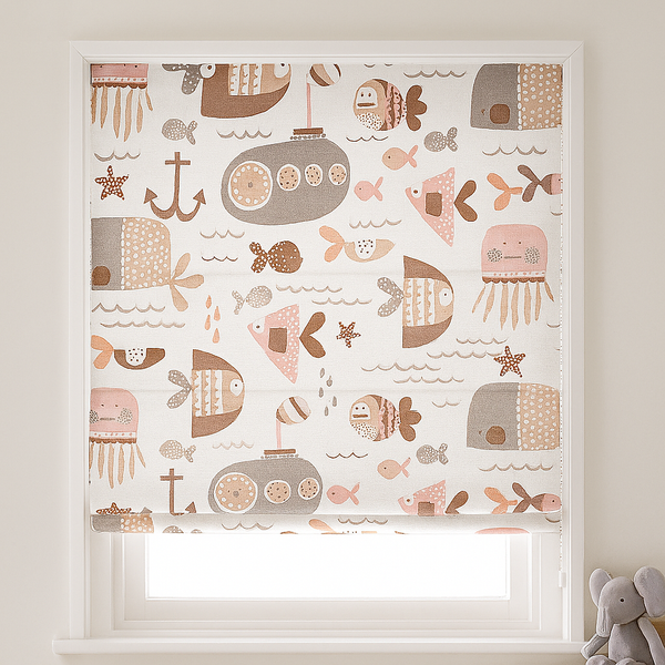 Pure Linen Ocean Adventure Sea Animals & Submarine Kids Roman Blind | Custom Sizes | Blackout or Light-Filtering