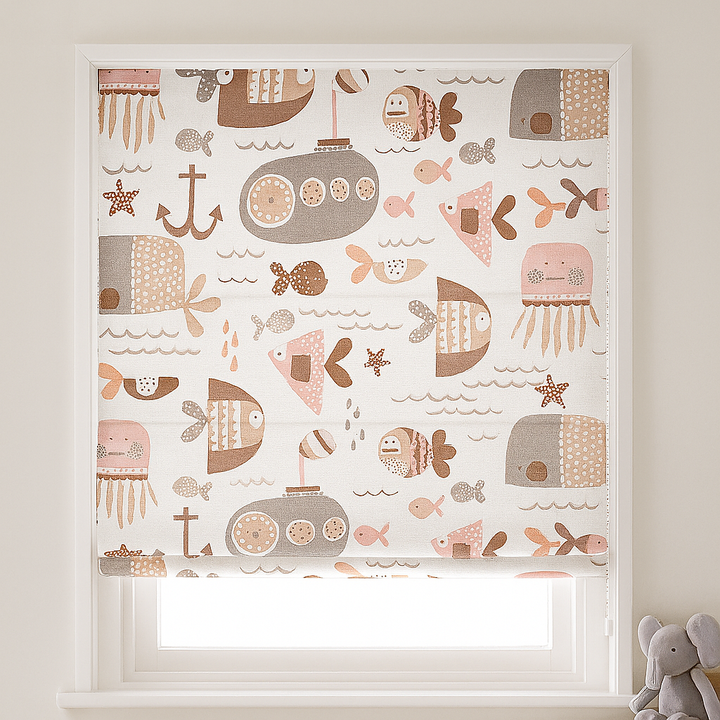 Pure Linen Ocean Adventure Sea Animals & Submarine Kids Roman Blind | Custom Sizes | Blackout or Light-Filtering