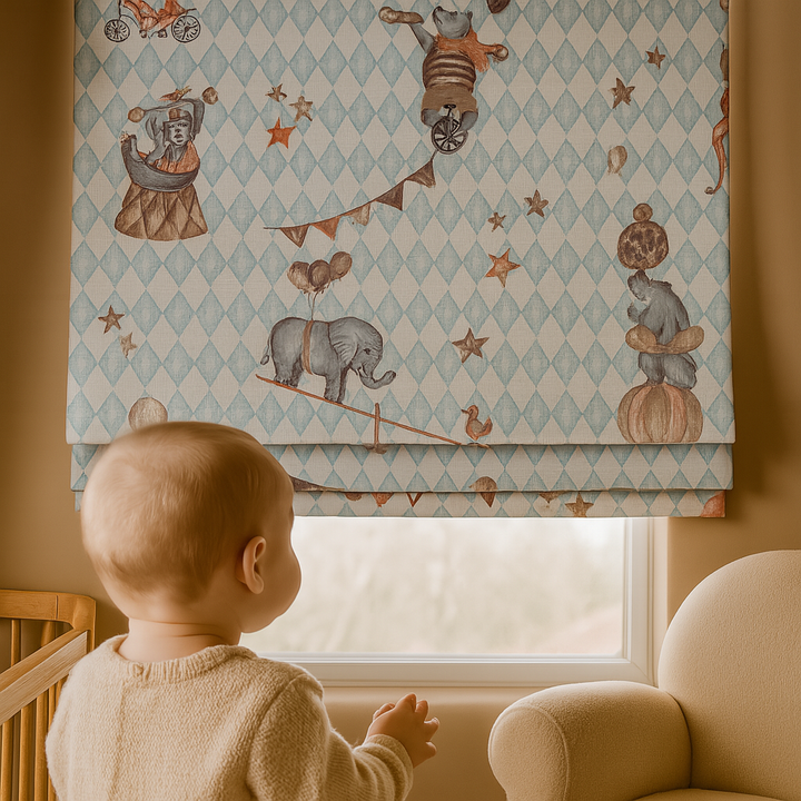 Vintage Circus Pure Linen Roman Blind – 5 Whimsical Colourways | Custom Kids & Nursery