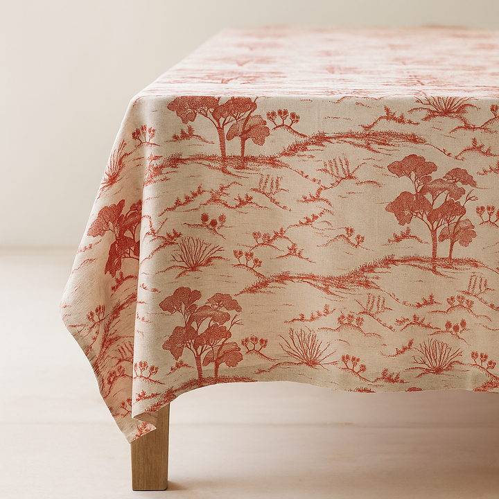 Organic Linen Tablecloth – Rustic Toile Design – 5 Colours – Rectangular, Square & Round Sizes