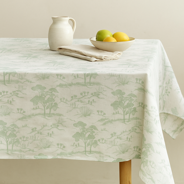 Organic Linen Tablecloth – Rustic Toile Design – 5 Colours – Rectangular, Square & Round Sizes