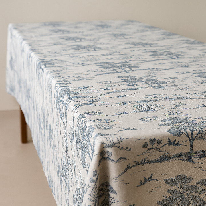 Organic Linen Tablecloth – Rustic Toile Design – 5 Colours – Rectangular, Square & Round Sizes