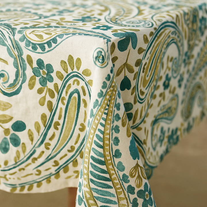 Organic Linen Paisley Tablecloth – White Teal, White Sand, Ivory Multi, Beige Navy, Mineral Red – Rectangular, Square & Round Sizes