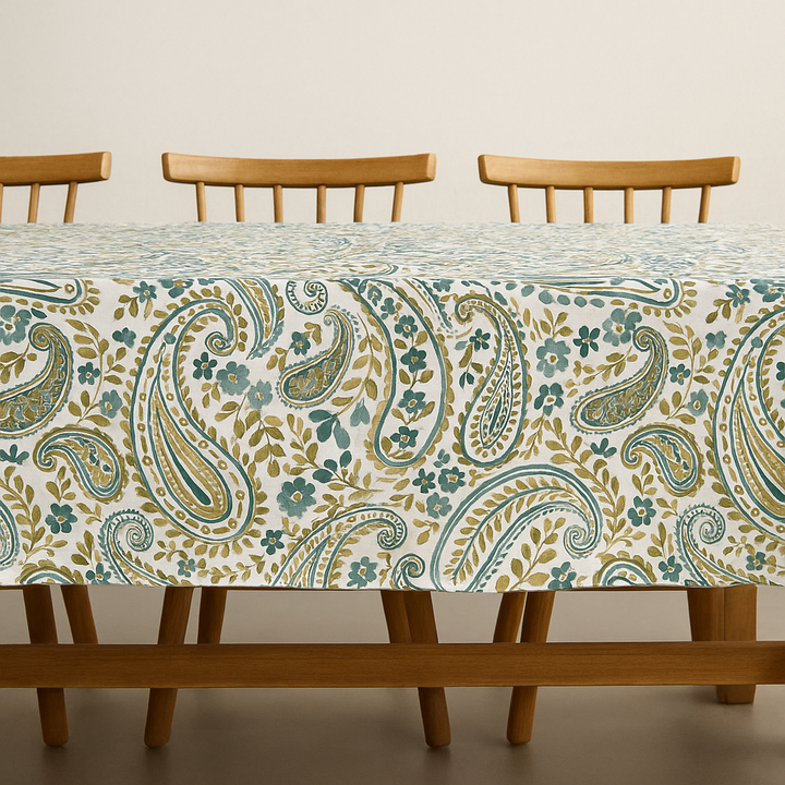 Organic Linen Paisley Tablecloth – White Teal, White Sand, Ivory Multi, Beige Navy, Mineral Red – Rectangular, Square & Round Sizes