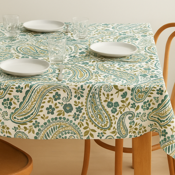 Organic Linen Paisley Tablecloth – White Teal, White Sand, Ivory Multi, Beige Navy, Mineral Red – Rectangular, Square & Round Sizes