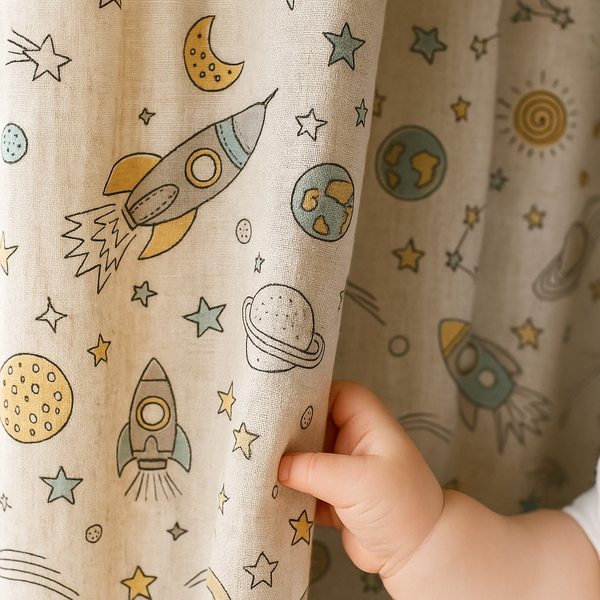 Space Rocket Organic Linen Kids Curtains – Made-to-Measure, Blackout or Light-Filtering