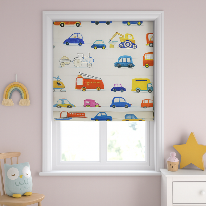 Kids Car Print Roman Blind – Pure Linen Corded Shade for Nursery & Children's Room | Light Filtering or 100% Blackout Liner | Custom Size | Recess & Outside Fit