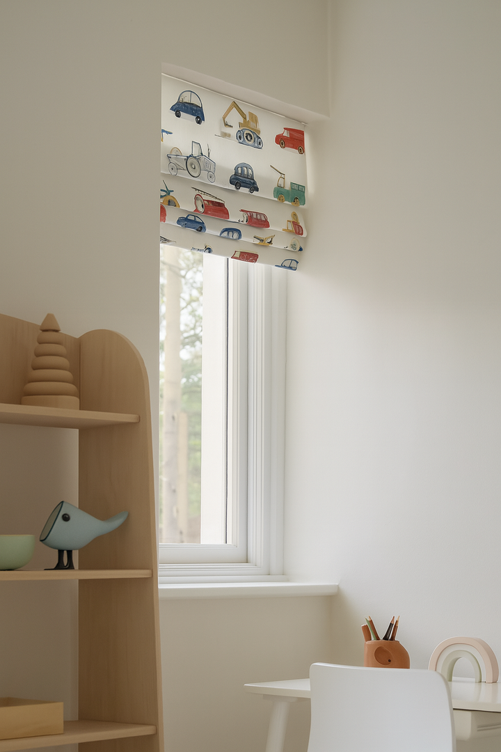 Kids Car Print Roman Blind – Pure Linen Corded Shade for Nursery & Children's Room | Light Filtering or 100% Blackout Liner | Custom Size | Recess & Outside Fit