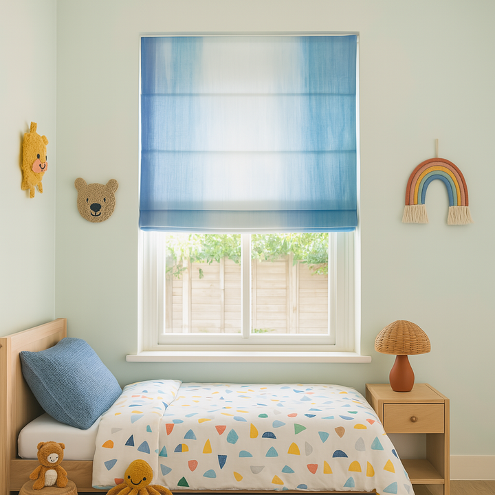 Blue Ombre Linen Roman Blind – Custom Corded Shade for Kids Room or Nursery | Blackout or Light Filtering Liner | Recess & Outside Fit | Pure Linen