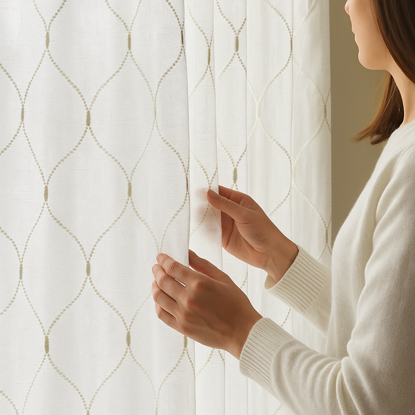 Elegant Sheer Privacy Curtain – Soft Linen Look, Embroidered Trellis Design – Custom Sizes, 4 Heading Styles – OEKO-TEX Certified