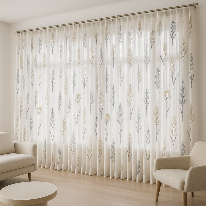 Embroidered Pure Linen Sheer Curtains – Botanical Design – Light Filtering – 4 Colour Variants – Custom Sizes