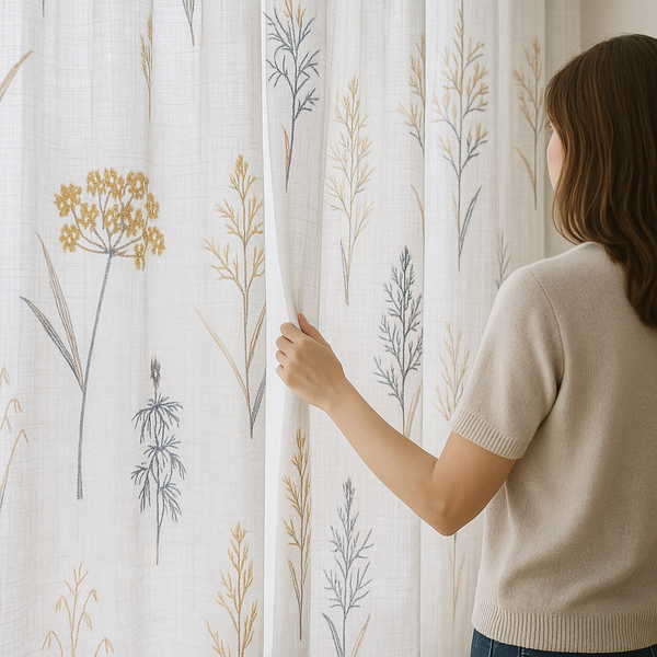Embroidered Pure Linen Sheer Curtains – Botanical Design – Light Filtering – 4 Colour Variants – Custom Sizes