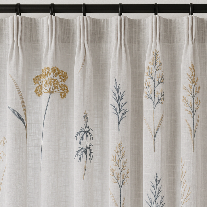 Embroidered Pure Linen Sheer Curtains – Botanical Design – Light Filtering – 4 Colour Variants – Custom Sizes