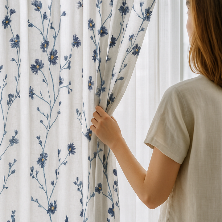 Embroidered Linen Sheer Curtains – Light Filtering – Blue, Red, Pink & Gold – Custom Sizes – Rod or Track Compatible